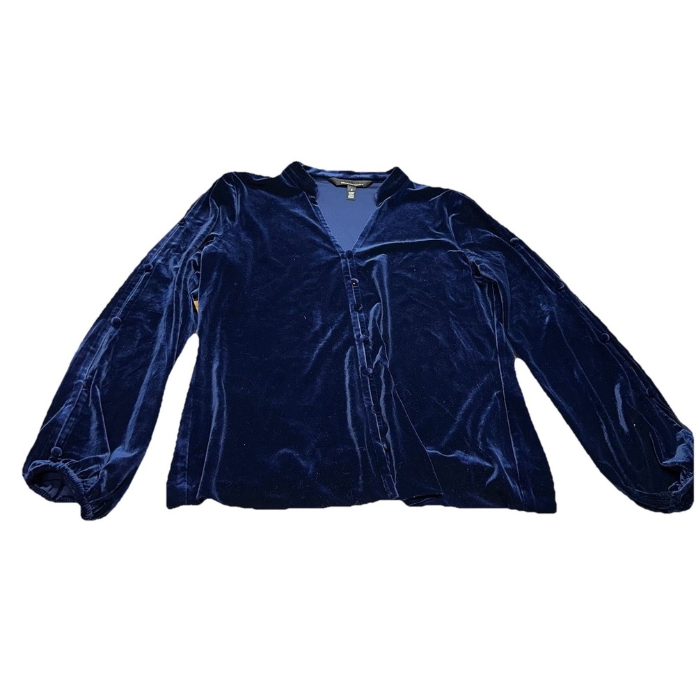 WHBM Long Sleeve Navy Blue Velvet V-Neck Blouse Buttons Split Sleeve Women's S - Picture 4 of 9